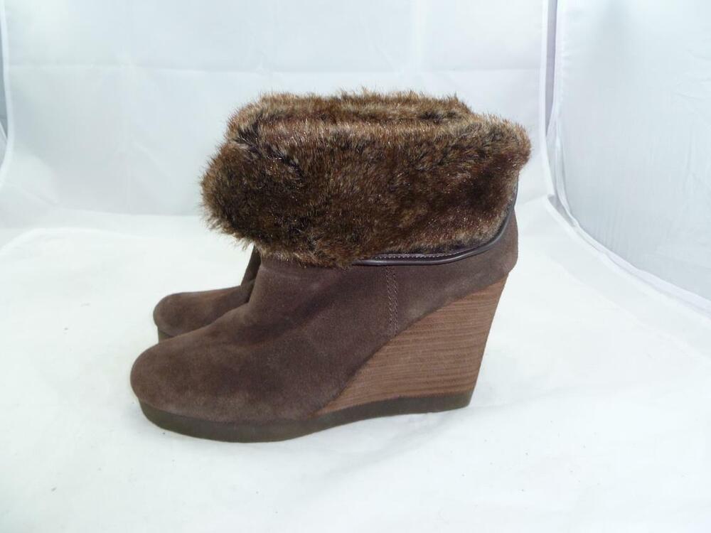 LUCKY BRAND TORYNN USED 6.5 SUEDE LEATHER/FAUX FUR WEDGES/BOOTIES/ANKLE BOOTS